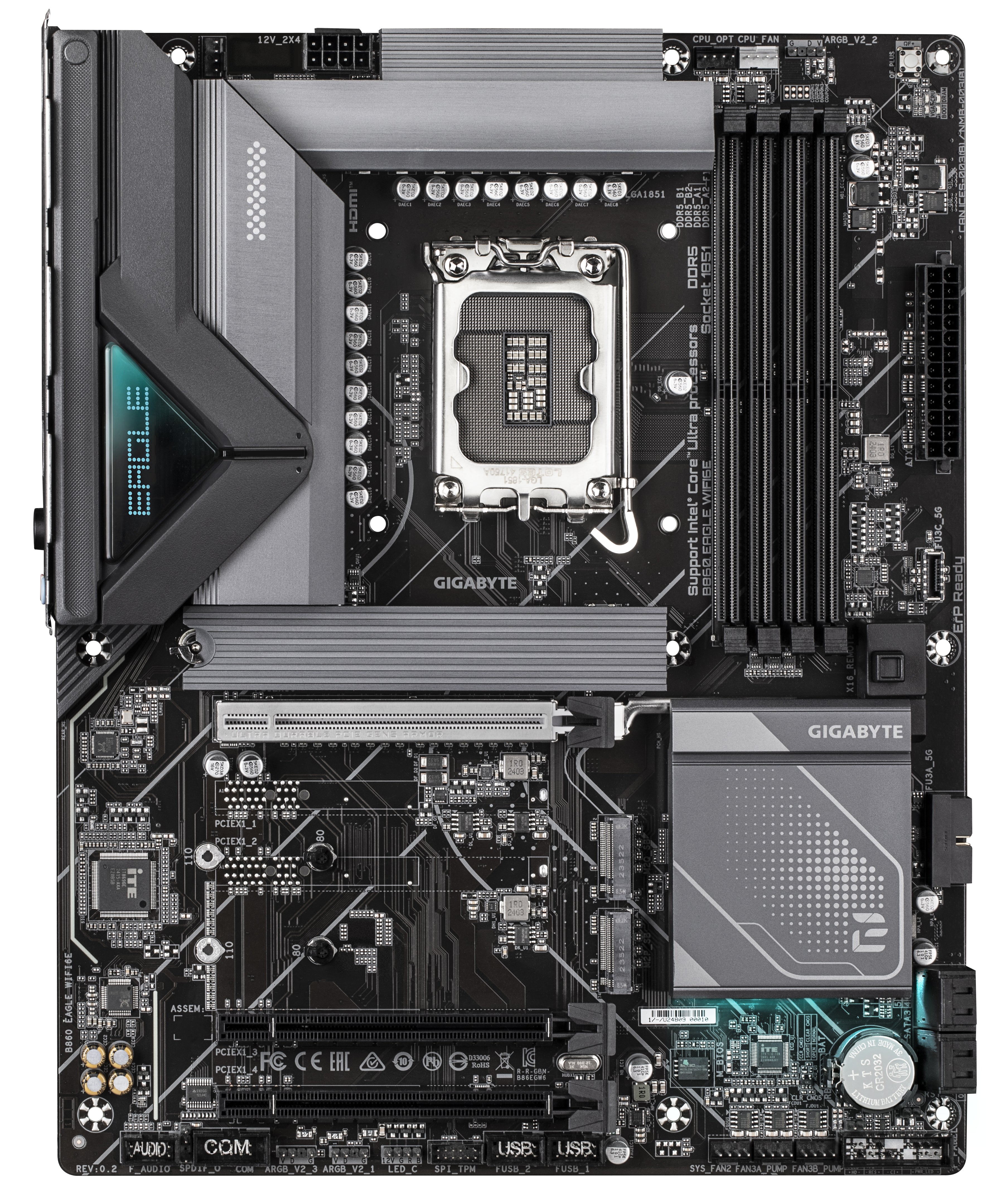 GIGABYTE B860 EAGLE WIFI6E Carte mère - Processeurs Intel Core Ultra, VRM 12+1+2+1 phases, jusqu'à 9066MHz DDR5, 1xPCIe 5.0 + 2xPCIe 4.0 M.2, LAN 2,5 GbE, WIFI 6E, USB 3.2 Gen 2x2