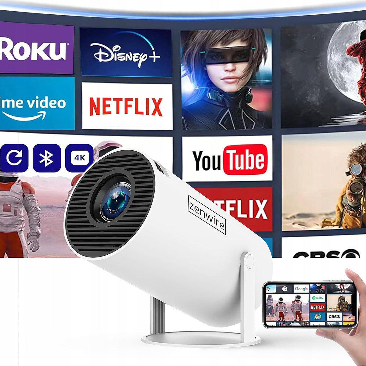 Mini-projecteur portable Android 13 avec Wi-Fi, projection rotative, Full HD 4K, Bluetooth, correction automatique de la distorsion 4D, Zenwire R1 360