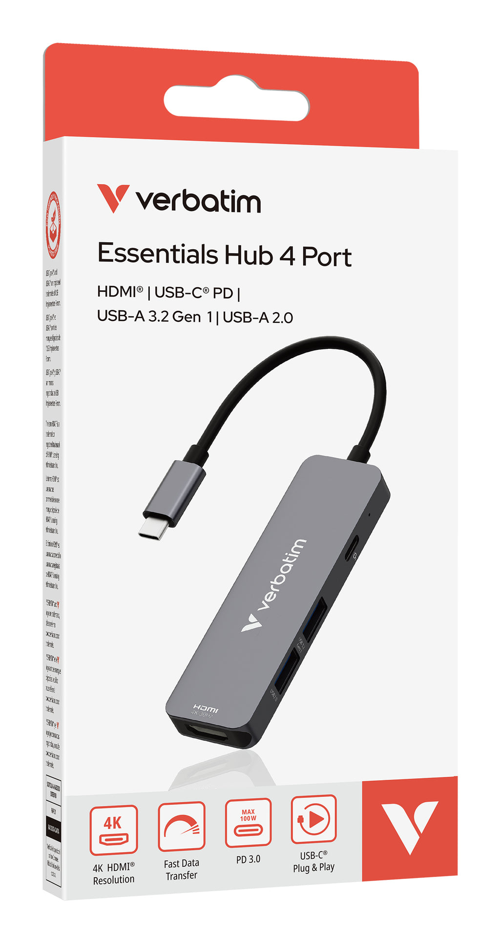 Verbatim Hub multiports USB-C Essentials, HDMI 4K, USB-C PD 3.0, USB-A 3.2 Gen 1 et 2.0, Gris