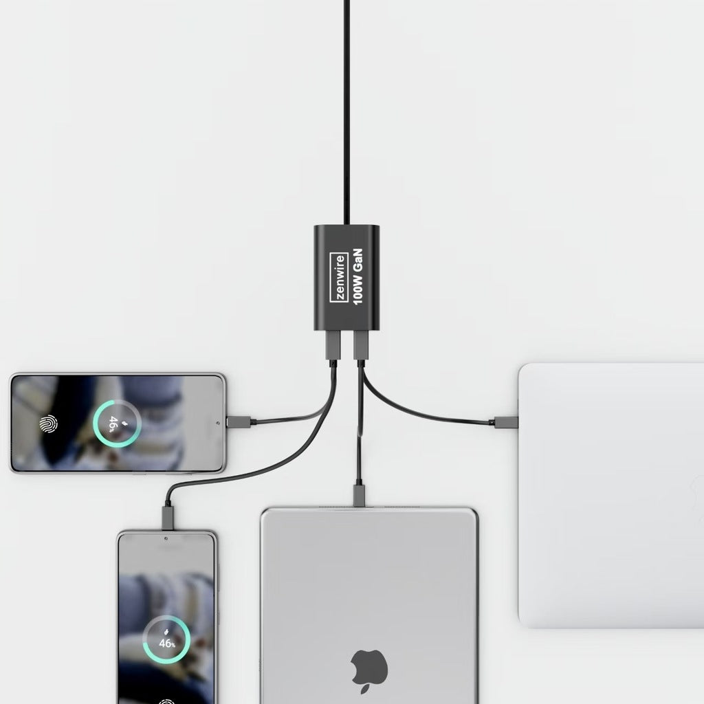 Chargeur secteur, bloc d'alimentation 100 W, adaptateur GaN III, câble secteur, 2 ports USB-C 65 W, 2 ports USB-A, Zenwire YMS-608