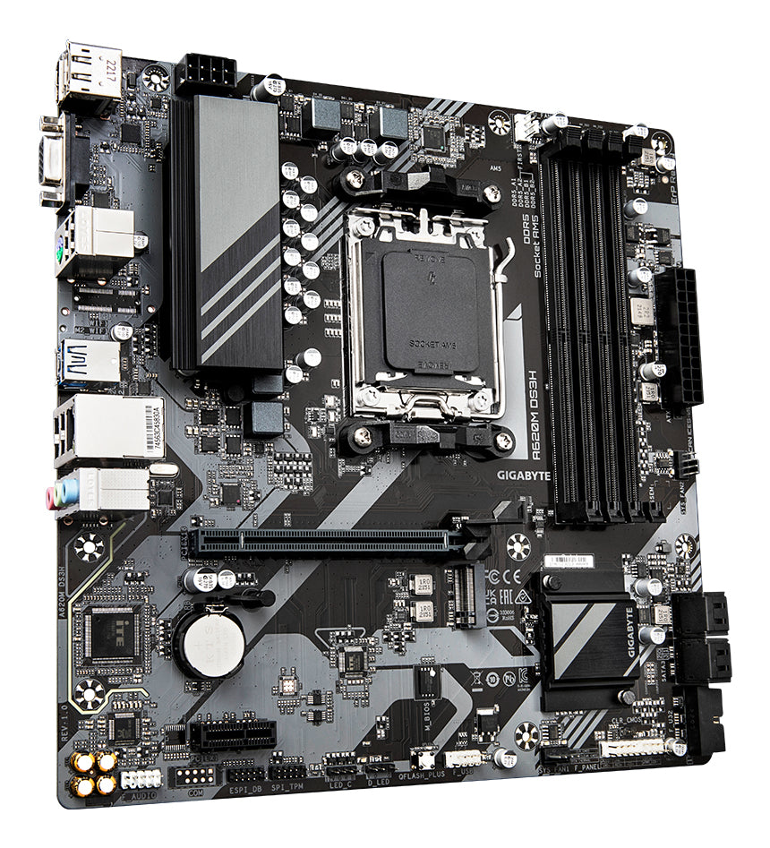 GIGABYTE A620M DS3H Carte Mère - Prend en charge les processeurs AMD Ryzen 8000, VRM numérique 5+2+2 phases, jusqu'à 7600MHz DDR5 (OC), 1xPCIe 4.0 M.2, LAN GbE, USB 3.2 Gen 1