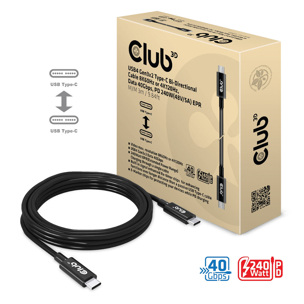 CLUB3D CAC-1579 câble USB USB4 Gen 3x2 3 m USB C 40 Gbit/s 240 W Noir