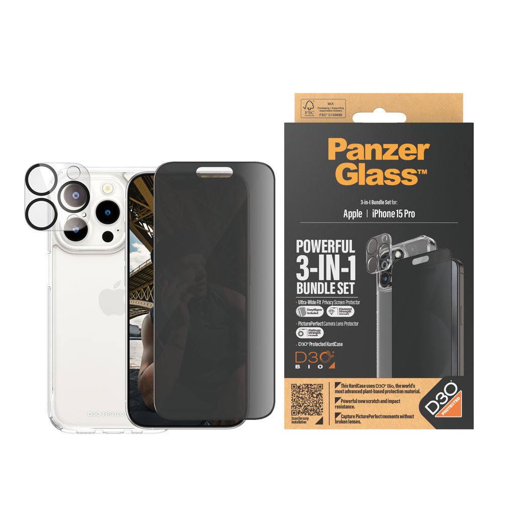 PanzerGlass ® 3-in-1 Privacy Bundle iPhone 15 Pro Protection d'écran transparent Apple 1 pièce(s)