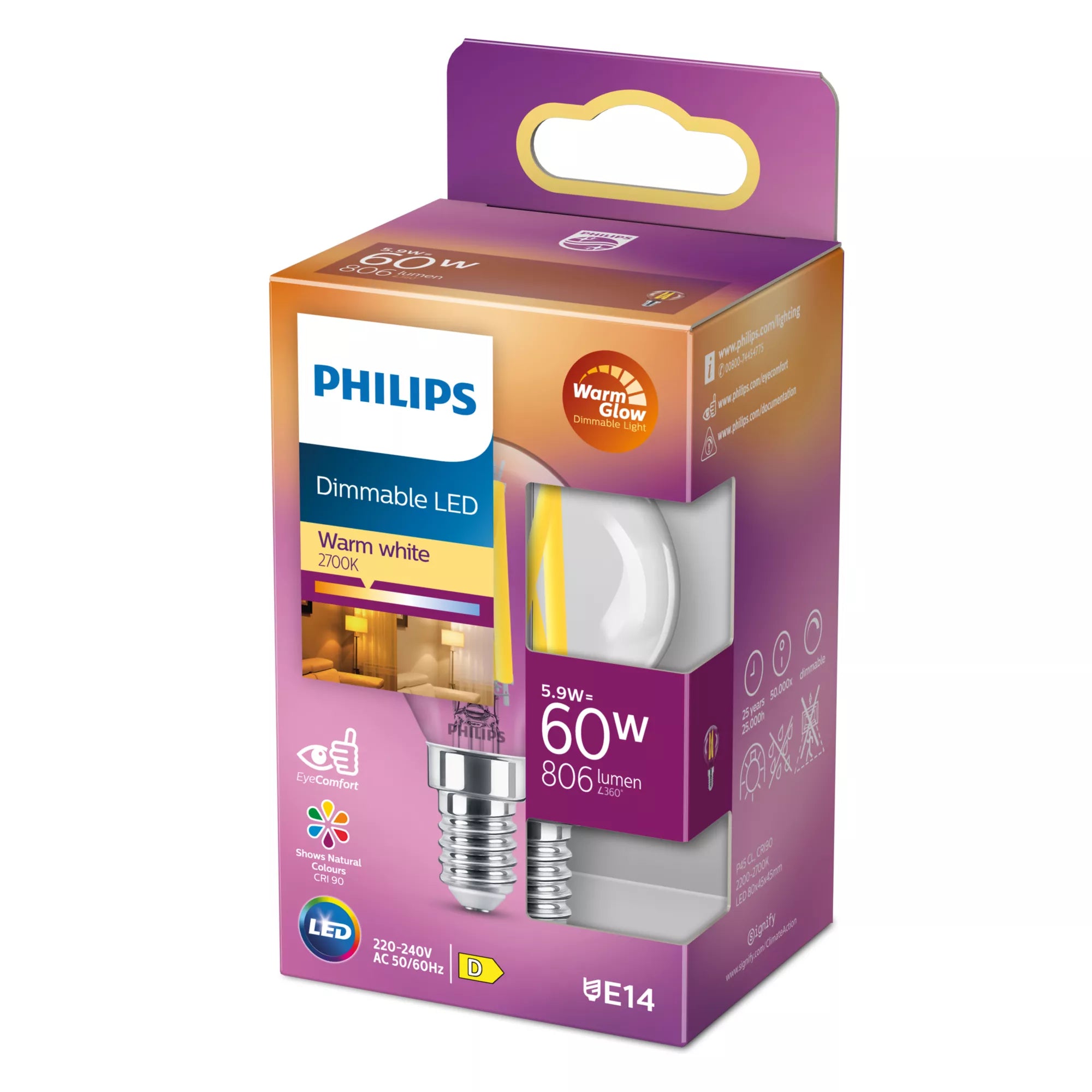 Philips Ampoule flamme transparente à filament 60W P45 E14