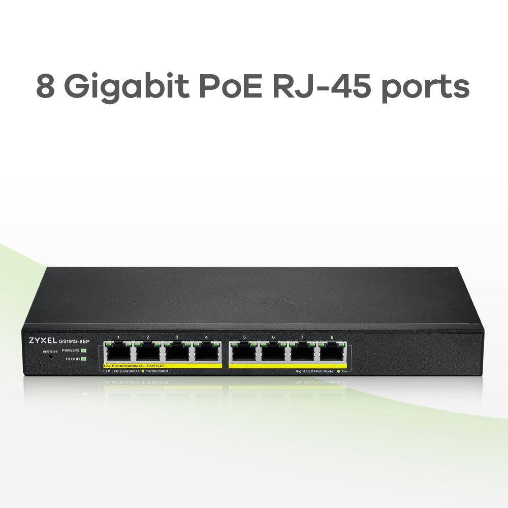 Zyxel GS1915-8EP Switch Gigabit Ethernet Géré L2 PoE, 8 Ports RJ-45, Noir