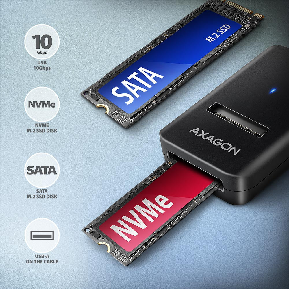 Axagon ADM2-AM USB-A 10Gbps - M.2 NVMe & SATA SSD adaptér, kabelis USB-A 10cm Enceinte ssd Noir