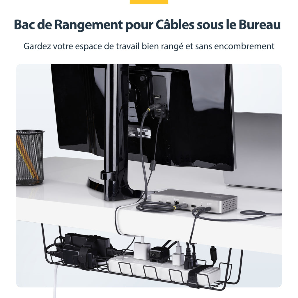 StarTech.com Bac de Rangement de Câbles sous Bureau, 61,5cm, Organiseur Métallique Type Panier, Noir