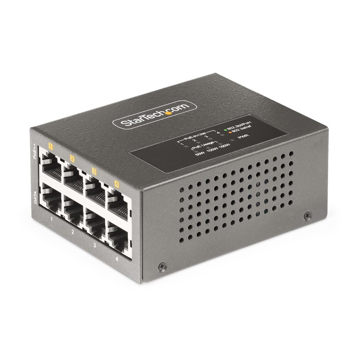 StarTech.com Injecteur PoE++ Multi-Gigabit 4 Ports, Ethernet 5/2.5/1G NBASE-T, 160W, Montage Mural/Rail DIN