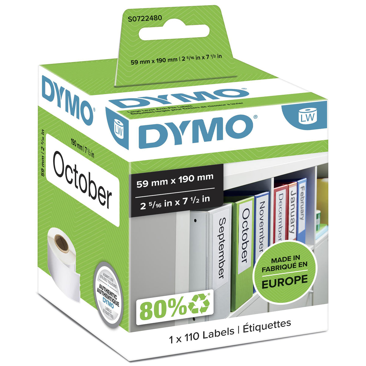 DYMO LW Étiquettes Autocollantes pour Classeurs à Levier, 59 mm x 190 mm, Rouleau de 110 Étiquettes