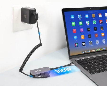 Manhattan Dock/hub USB-C, 3 ports : HDMI, USB-A, USB-C, avec Power Delivery (PD) 100 W - nécessite un chargeur USB-C externe (non inclus). Alimenté par USB (aucune alimentation externe requise) lorsque le PD n’est pas utilisé, aluminium