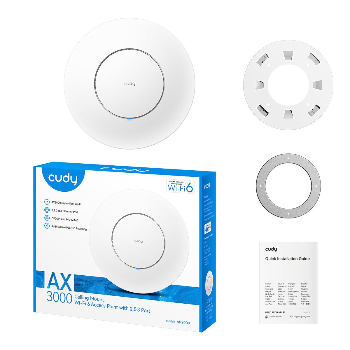 Cudy AP3000 Point d'Accès Wi-Fi 6, 2976 Mbit/s, Port Ethernet 2,5G, PoE, Blanc