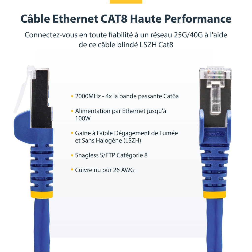 StarTech.com Câble Ethernet CAT8 Bleu de 1m, RJ45 Snagless, 25G/40G, 2000MHz, 100W PoE++, S/FTP, Fil de Cuivre Pur 26AWG