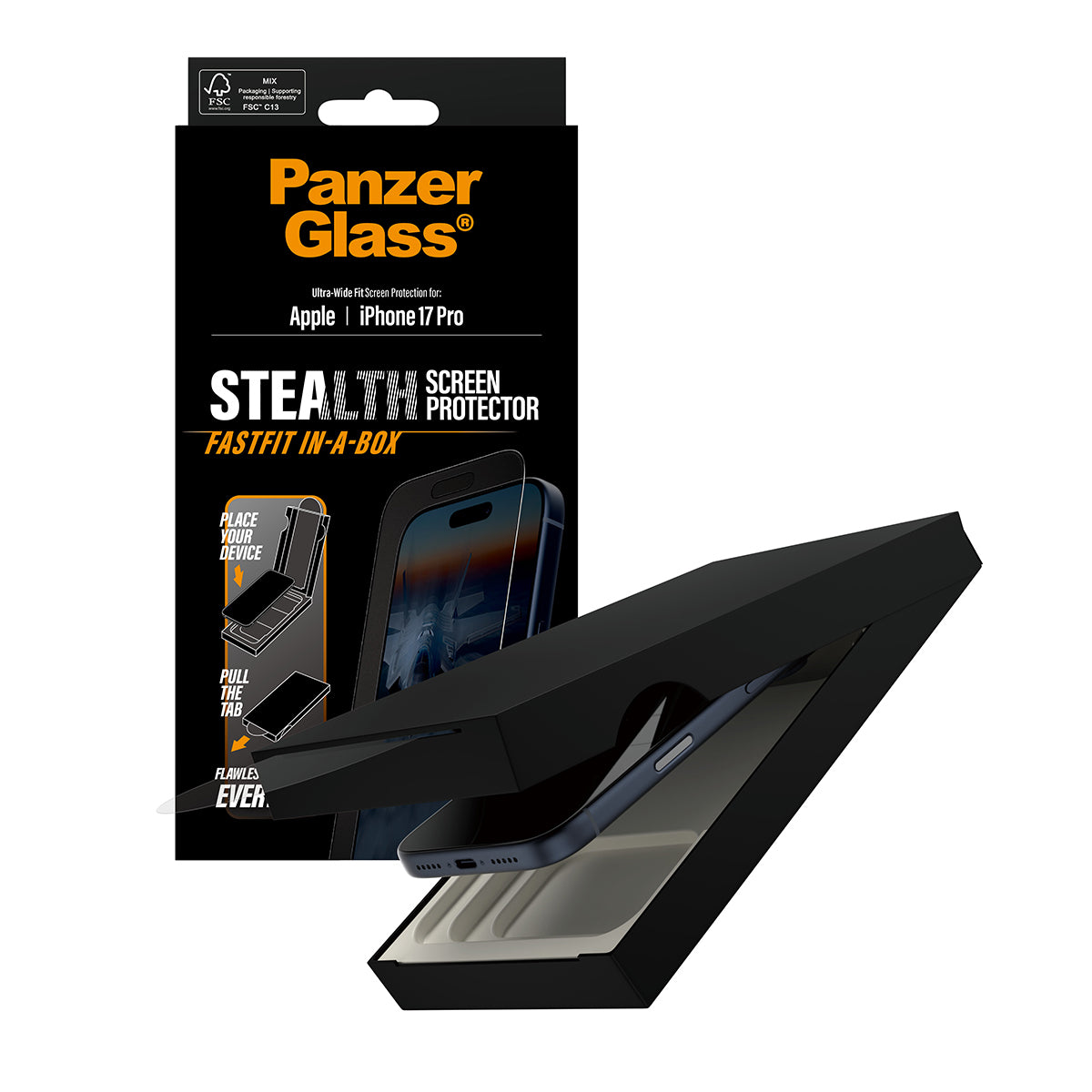 PanzerGlass ® Stealth Screen Protector iPhone 17 Pro | Ultra-Wide Fit w. Fastfit in-a-box Protection d'écran transparent Apple 1 pièce(s)