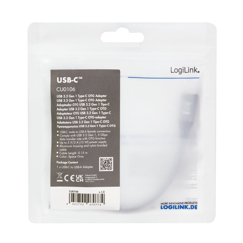 LogiLink CU0106 Câble USB 3.2 Gen 1 USB-C vers USB-A, 0,15 m, Gris