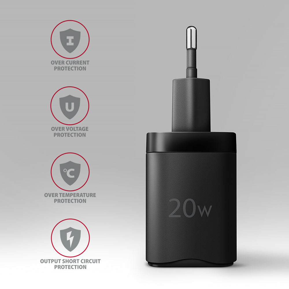 Axagon ACU-PQ20 wall charger QC3.0/AFC/FCP+ PD type-C 20 W - schwarz - USB Typ C Téléphone portable, Smartphone, Smartwatch, Tablette, Universel Noir Secteur Charge rapide Intérieure