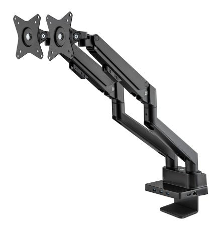 Manhattan Support de bureau double pour TV/moniteurs (bras à vérin gaz à Bras articulé) avec station d’accueil intégrée, écrans jusqu’à 27", Ethernet, HDMI x2, USB-A x3, USB-C, alimentation USB-C PD 100 W (Chargeur USB-C non inclus)