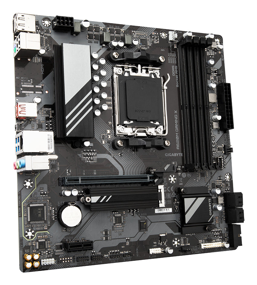 GIGABYTE A620M GAMING X Carte Mère - Prend en charge les processeurs AMD Ryzen 8000, VRM numérique 8+2+1 phases, jusqu'à 8000MHz DDR5 (OC), 1xPCIe 4.0 M.2, LAN GbE, USB 3.2 Gen 2 - vue 3