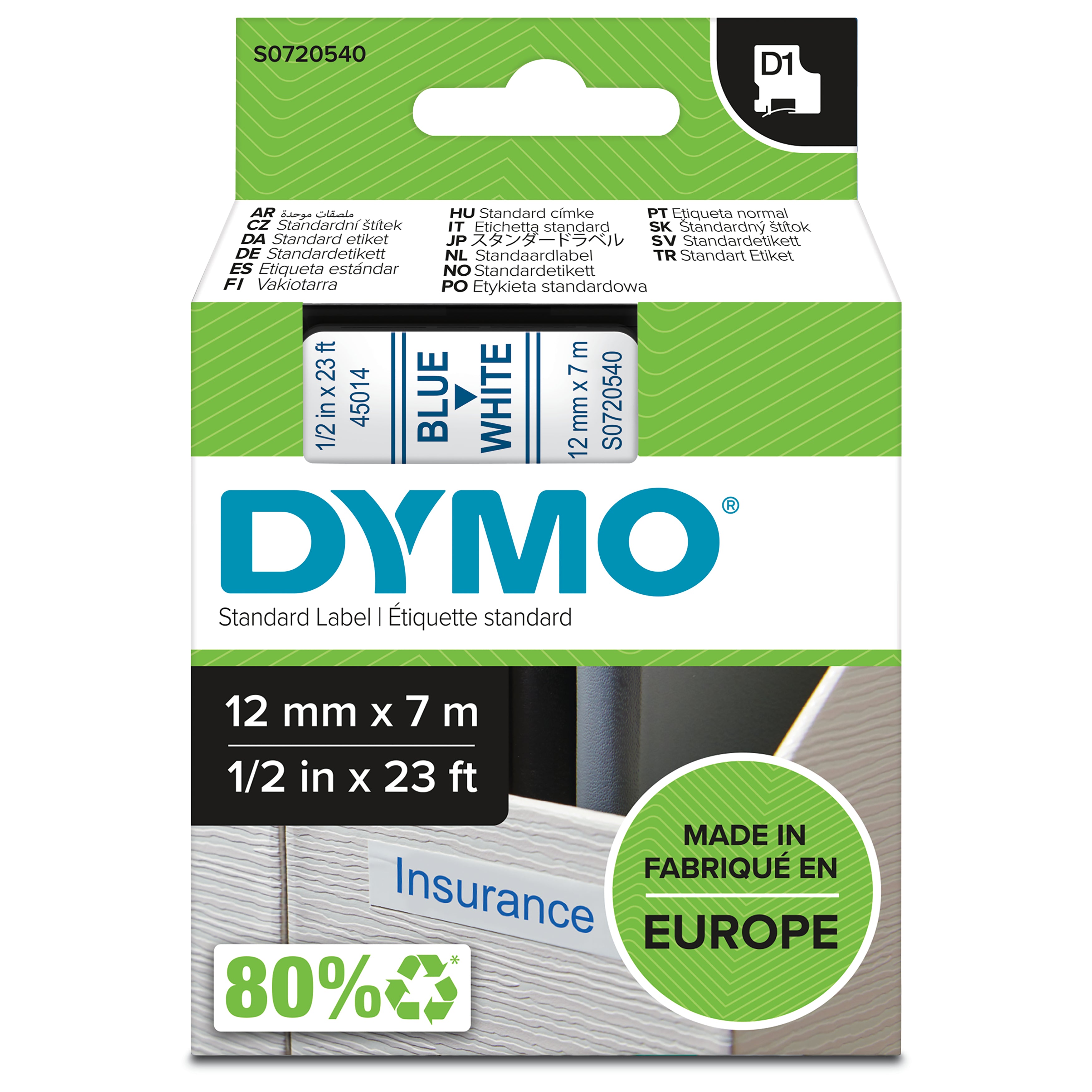 DYMO D1 étiquettes autocollantes authentiques | rouleau de 12 mm x 7 m | impression en bleu sur fond blanc | pour étiqueteuses LabelManager