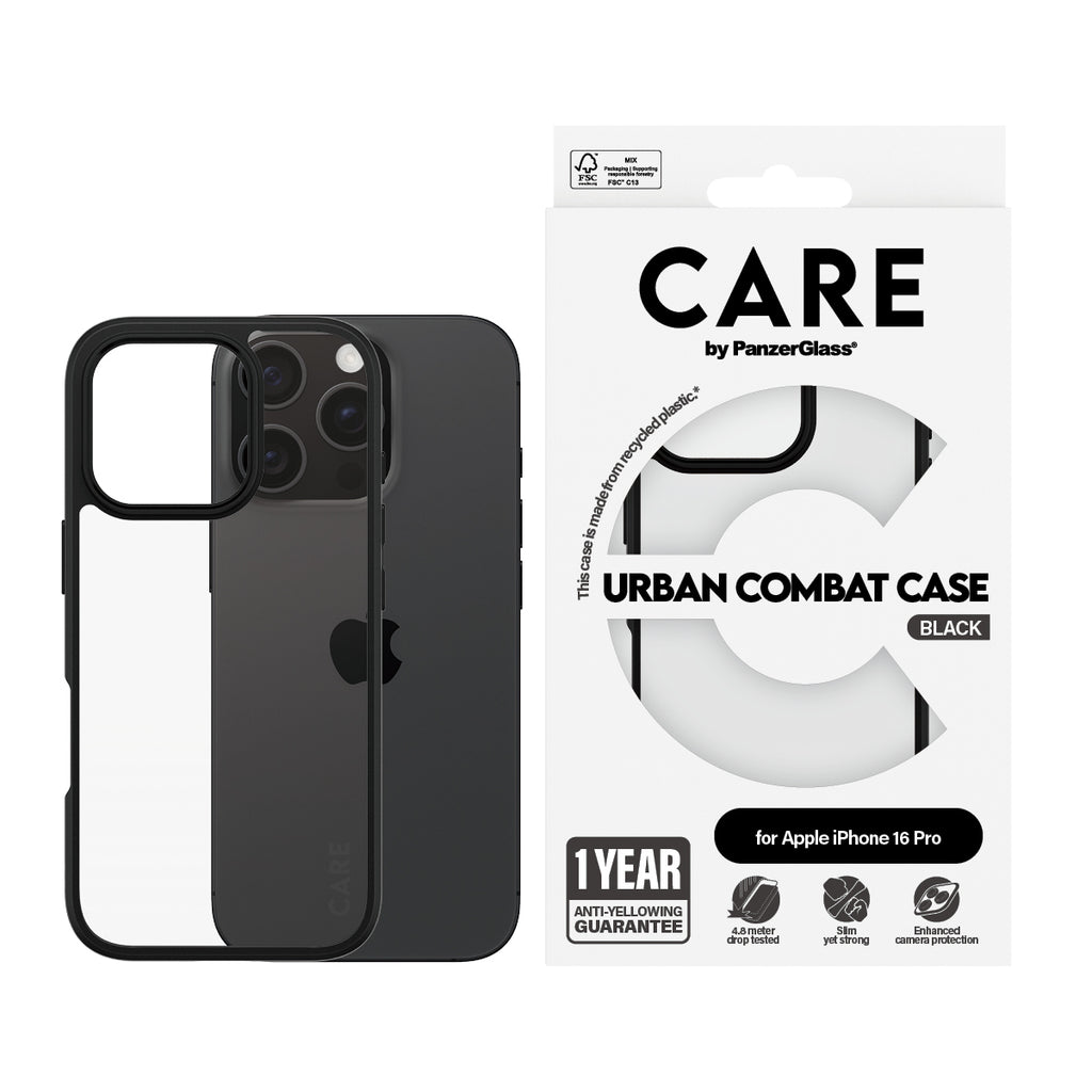 PanzerGlass CARE™ by ® Urban Combat Case Transparent w. Black Frame iPhone 16 Pro coque de protection pour téléphones portables Housse