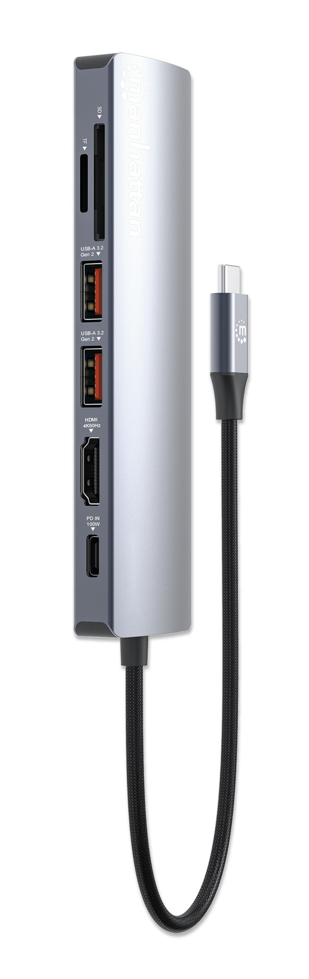 Manhattan Dock/hub USB-C avec lecteur de cartes, 5 ports : Ethernet, HDMI, 2x USB-A + USB-C, avec Power Delivery (PD) 100 W - nécessite un chargeur USB-C externe (non inclus). Alimenté par USB (aucune alimentation externe requise) lorsque le PD n’est