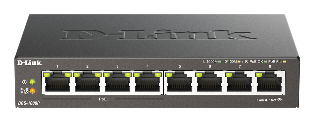 D-Link DGS-1008P/E commutateur réseau Non-géré L2 Gigabit Ethernet (10/100/1000) Connexion Ethernet, supportant l'alimentation via ce port (PoE) Bureau Noir