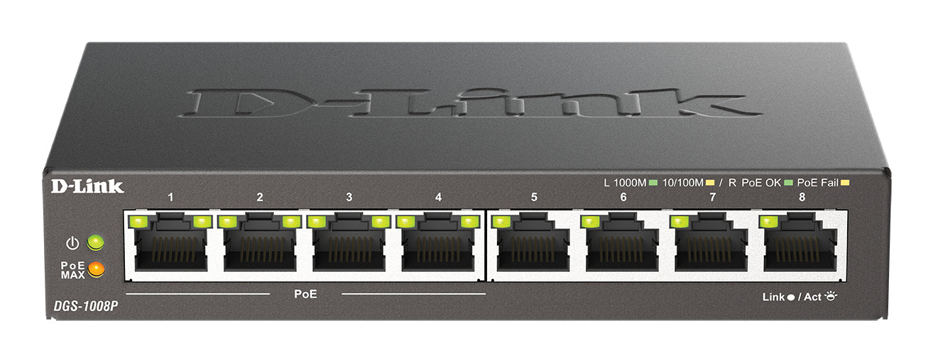 D-Link DGS-1008P/E commutateur réseau Non-géré L2 Gigabit Ethernet (10/100/1000) Connexion Ethernet, supportant l'alimentation via ce port (PoE) Bureau Noir