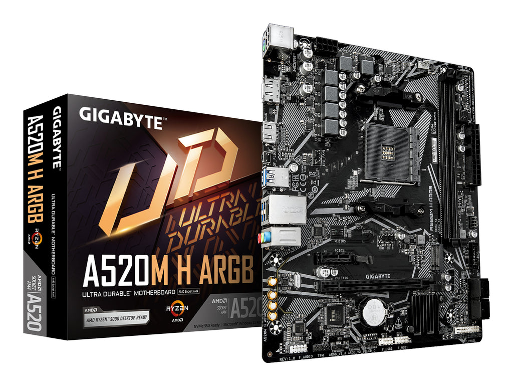 GIGABYTE A520M H ARGB Carte Mère – Compatible avec processeurs AMD Ryzen Série 5000, jusqu’à 5100 MHz DDR4 (OC), M.2 PCIe 3.0 x4, LAN 1 GbE, USB 3.2 Gen 1