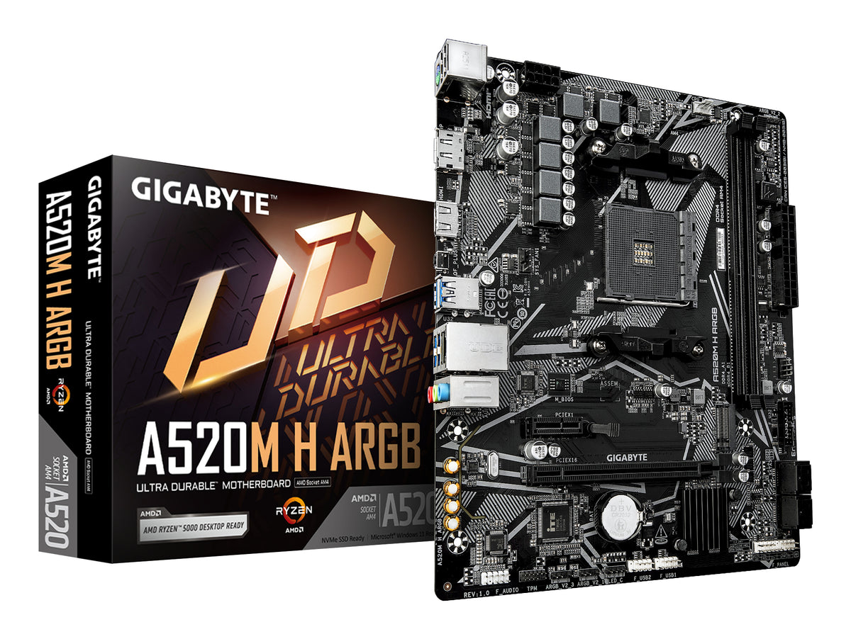 GIGABYTE A520M H ARGB Carte Mère – Compatible avec processeurs AMD Ryzen Série 5000, jusqu’à 5100 MHz DDR4 (OC), M.2 PCIe 3.0 x4, LAN 1 GbE, USB 3.2 Gen 1