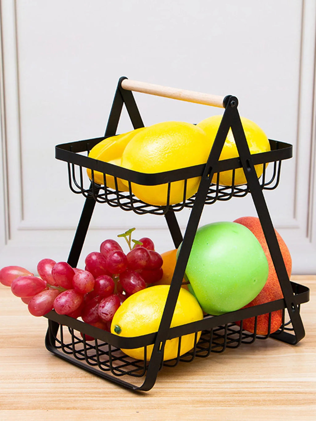 METALOWY KOSZ KOSZYK NA OWOCE DWUPOZIOMOWY CZARNY STOJAK PIĘTROWY 2 POZIOMY
