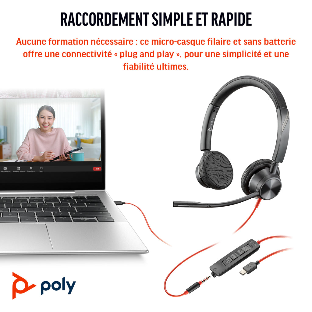 HP Poly Micro-casque Poly Blackwire 3325 stéréo USB-C certifié Microsoft Teams + connexion 3,5 mm + adaptateur USB-C/A