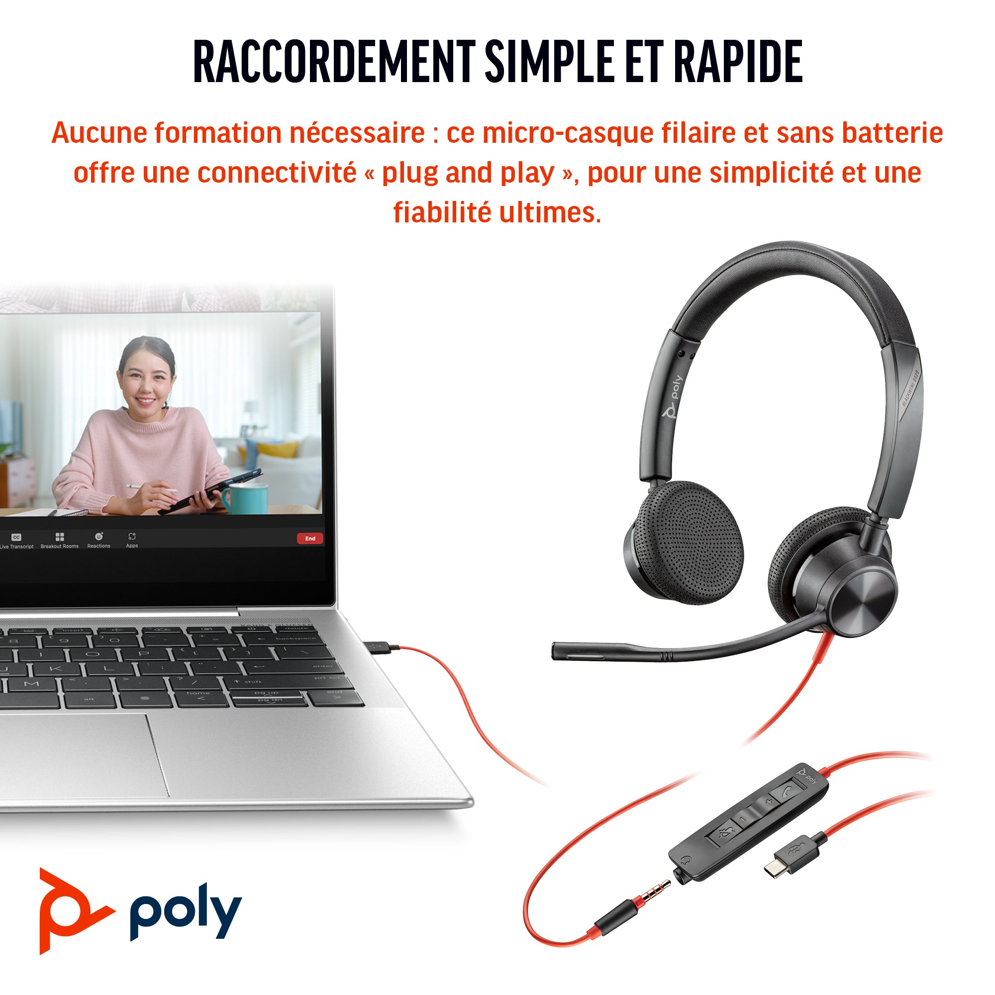 HP Poly Micro-casque Poly Blackwire 3325 stéréo USB-C certifié Microsoft Teams + connexion 3,5 mm + adaptateur USB-C/A