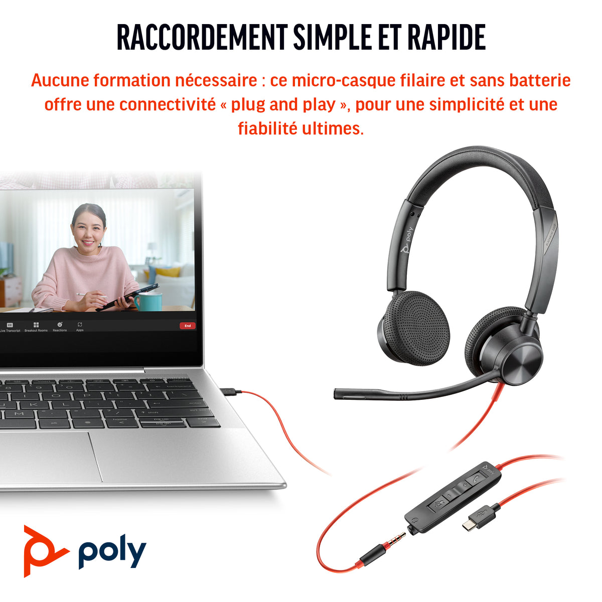 HP Poly Blackwire 3325 Micro-casque Stéréo USB-C, Connexion 3,5 mm et Adaptateur USB-C/A