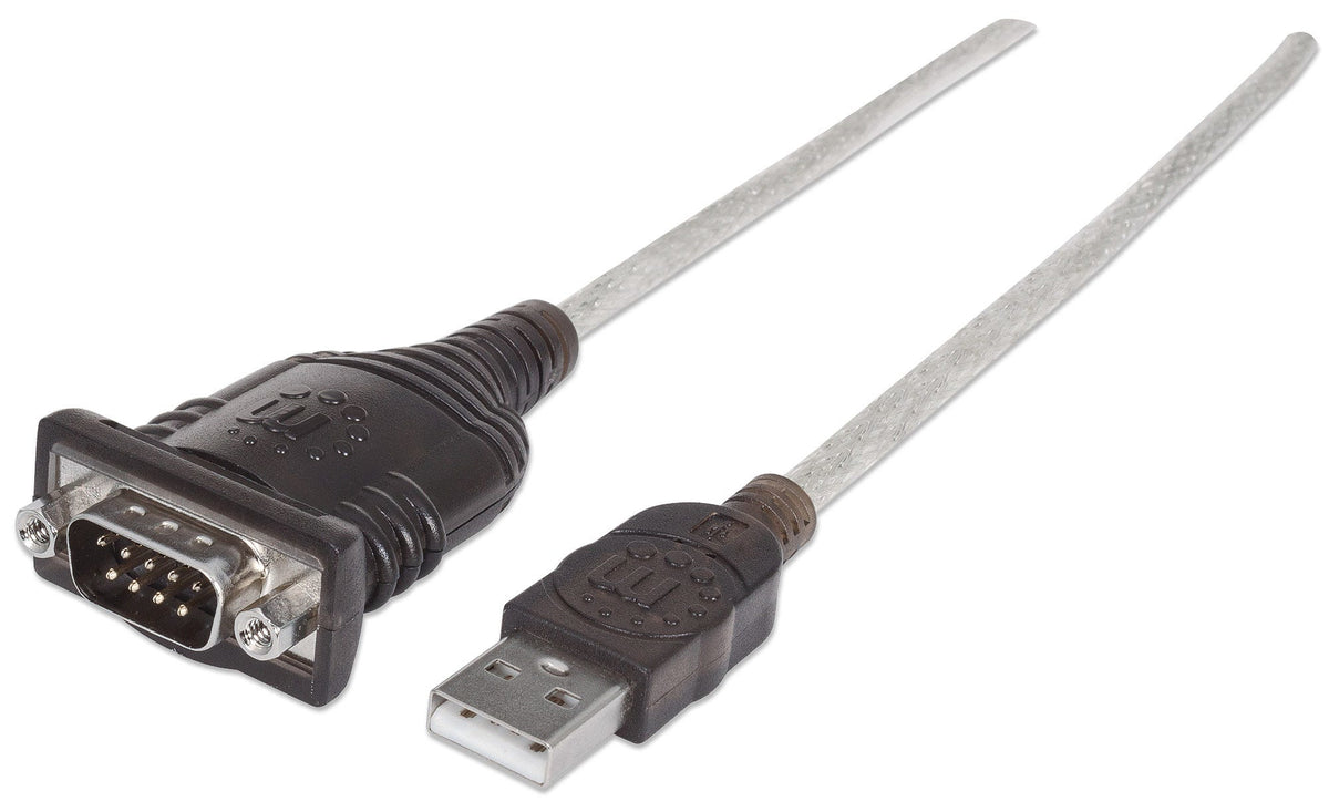 Manhattan Convertisseur USB-A vers Série RS232/COM/DB9, FTDI FT232RL, 45 cm, Mâle à Mâle, Noir/Argent