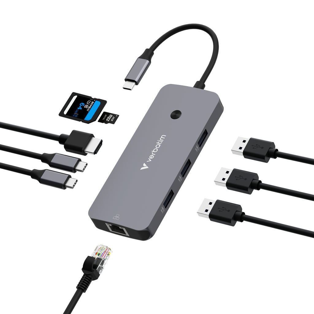 Verbatim CMH-09 Hub USB Type-C 10 Gb/s, 9 Ports, HDMI 4K, Ethernet Gigabit, Lecteurs SD/microSD, Argent