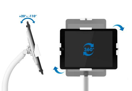 Manhattan Support de sol antivol pour tablette et iPad, universel, rotation 360°, inclinaison +20° à -110°, verrouillable, blanc, pour tablettes 7,9"–11", hauteur réglable 790 à 1190 mm, fixation à l’arrière au sol possible