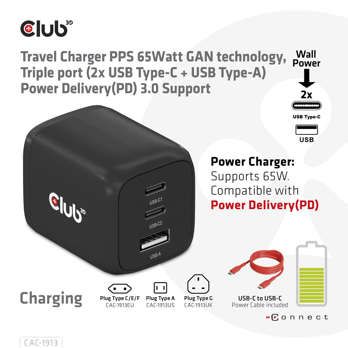 CLUB3D CAC-1913 Chargeur Universel Secteur Charge Rapide, 2 Ports USB-C, Noir