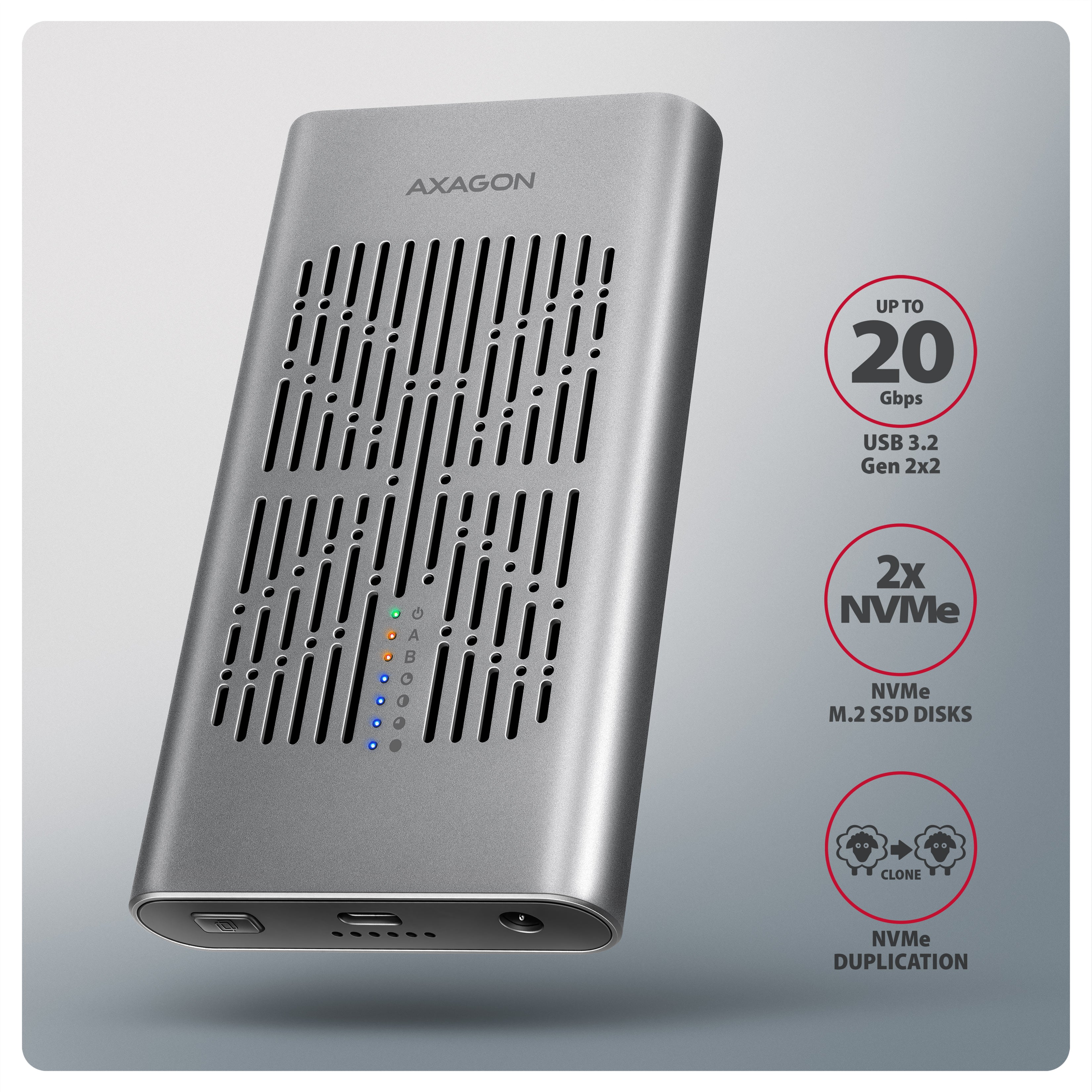 Axagon EEM2-20GD Station d'accueil de disques de stockage USB 3.2 Gen 2 (3.1 Gen 2) Type-C Noir, Gris