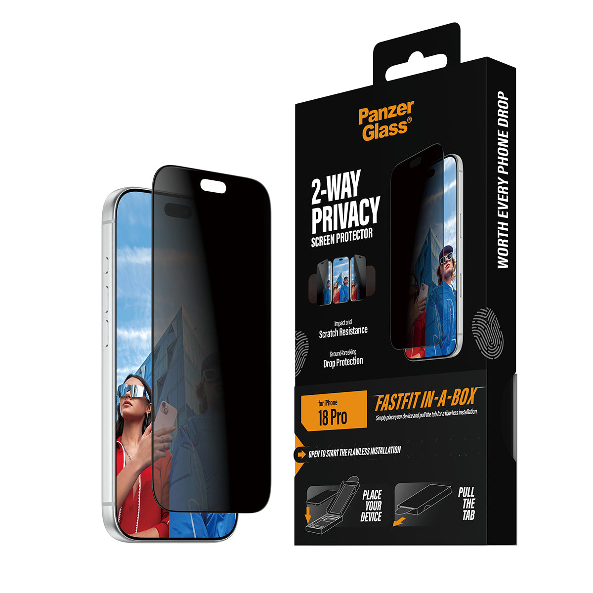 PanzerGlass ® 2-Way Privacy Screen Protector iPhone 2026 Pro | Ultra-Wide Fit w. FASTFIT IN-A-BOX Protection d'écran tra
