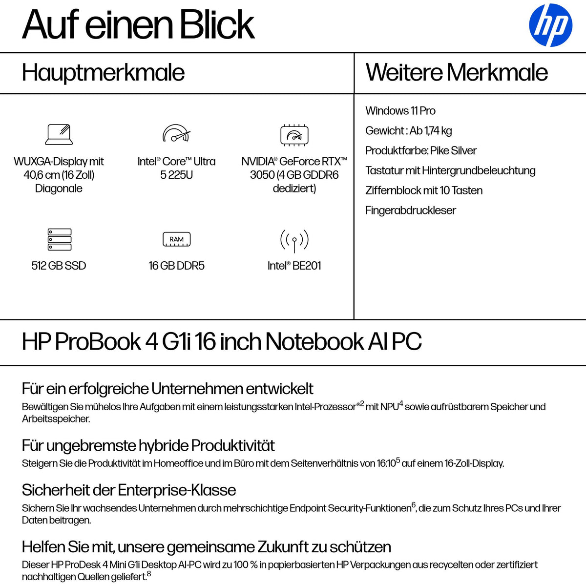 HP ProBook 4 16 G1i Notebook AI 16 pouces WUXGA 225U 16GB 512GB Intel Graphics Windows 11 Pro