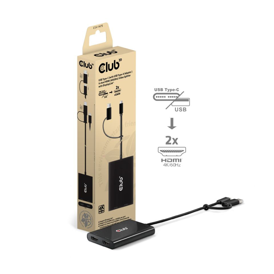 CLUB3D CSV-1475 Répartiteur Vidéo USB Type-C vers 2x HDMI