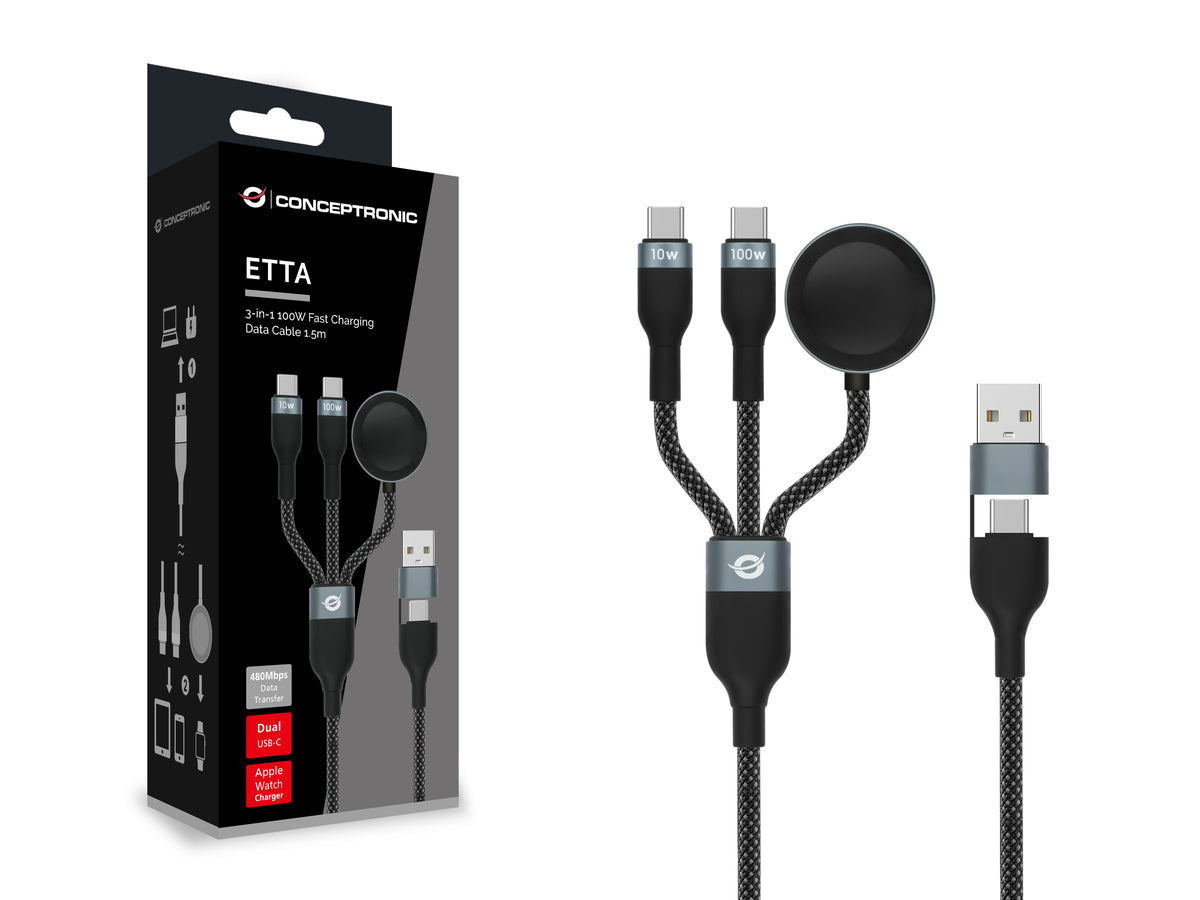 Conceptronic ETTA08B15 Câble USB 2.0 USB-A vers 2 x USB-C, 1,5 m, 100 W, Noir