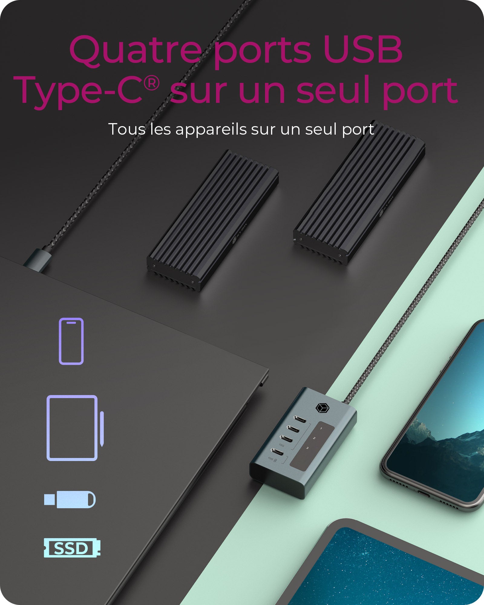 ICY BOX IB-HUB1454-C31 USB 3.2 Gen 1 (3.1 Gen 1) Type-C 10000 Mbit/s Bleu, Gris