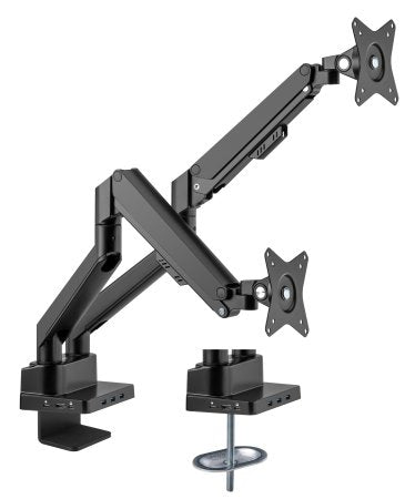 Manhattan Support de bureau double pour TV/moniteurs (bras à vérin gaz à Bras articulé) avec station d’accueil intégrée, écrans jusqu’à 27", Ethernet, HDMI x2, USB-A x3, USB-C, alimentation USB-C PD 100 W (Chargeur USB-C non inclus)