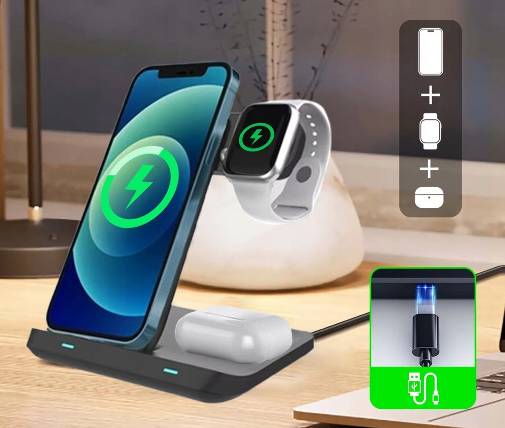 Chargeur sans fil 3-en-1 USB-C à induction pour téléphone, smartphone, montre connectée, écouteurs TWS, AirPods et Buds - Zenwire X12
