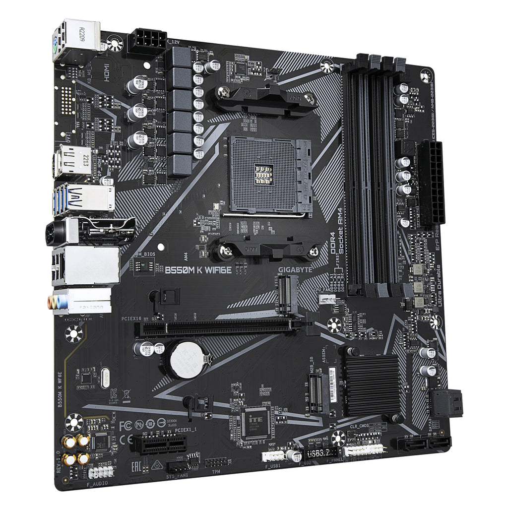 GIGABYTE B550M K WIFI6E Carte Mère – AMD Ryzen 5000 CPUs, jusqu’à 4733 MHz DDR4, 1x PCIe 4.0 + 1x PCIe 3.0 M.2, Wi-Fi 6E