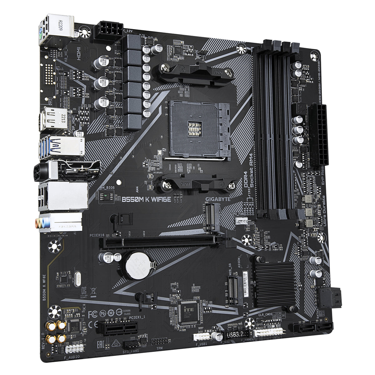 GIGABYTE B550M K WIFI6E Carte Mère – AMD Ryzen 5000 CPUs, jusqu’à 4733 MHz DDR4, 1x PCIe 4.0 + 1x PCIe 3.0 M.2, Wi-Fi 6E