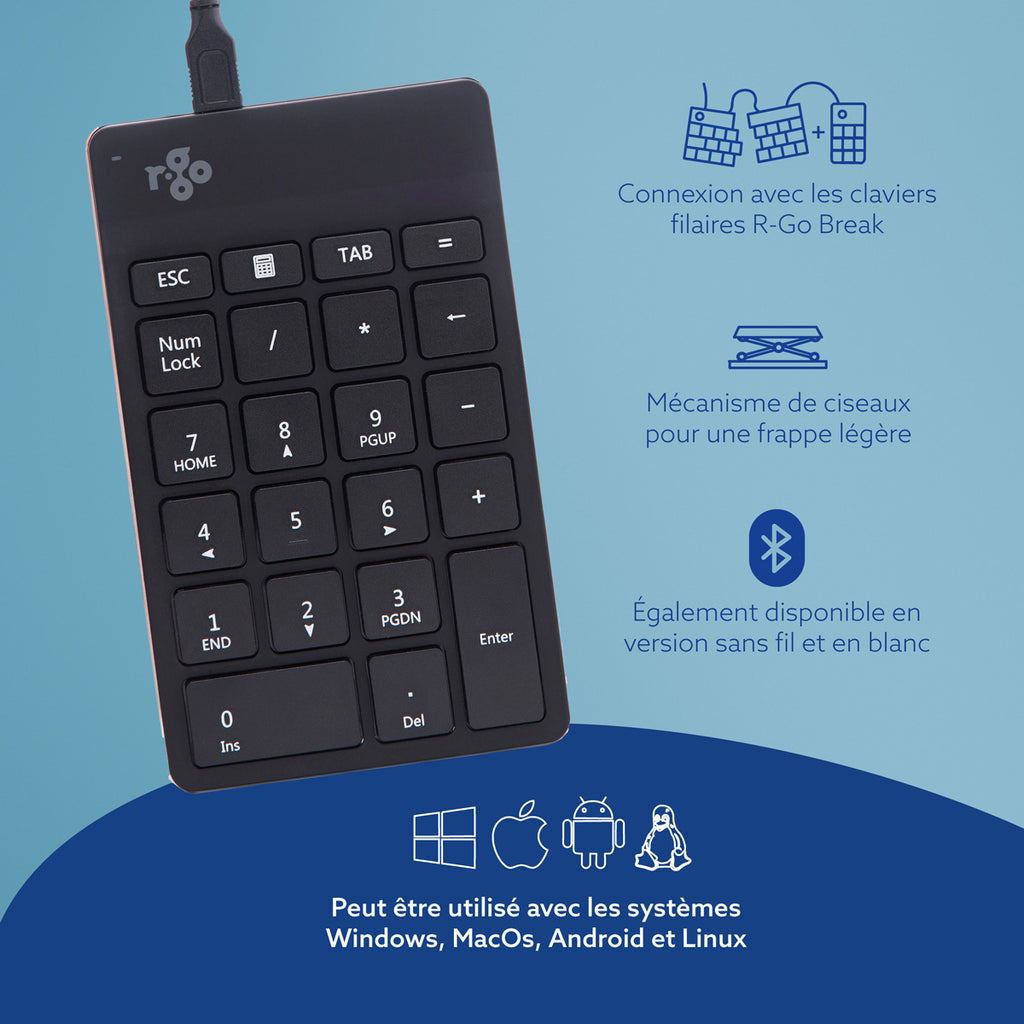 R-Go Tools Clavier R-Go Numpad Break, clavier numérique ergonomique avec logiciel de pause, filaire, noir