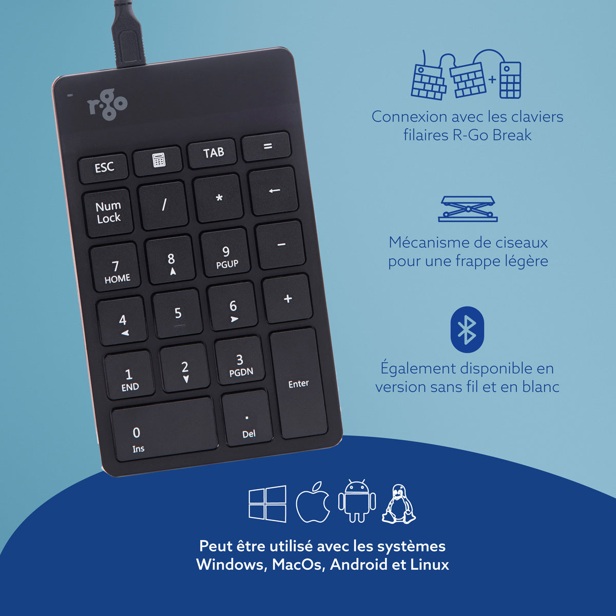 R-Go Tools Clavier R-Go Numpad Break, clavier numérique ergonomique avec logiciel de pause, filaire, noir