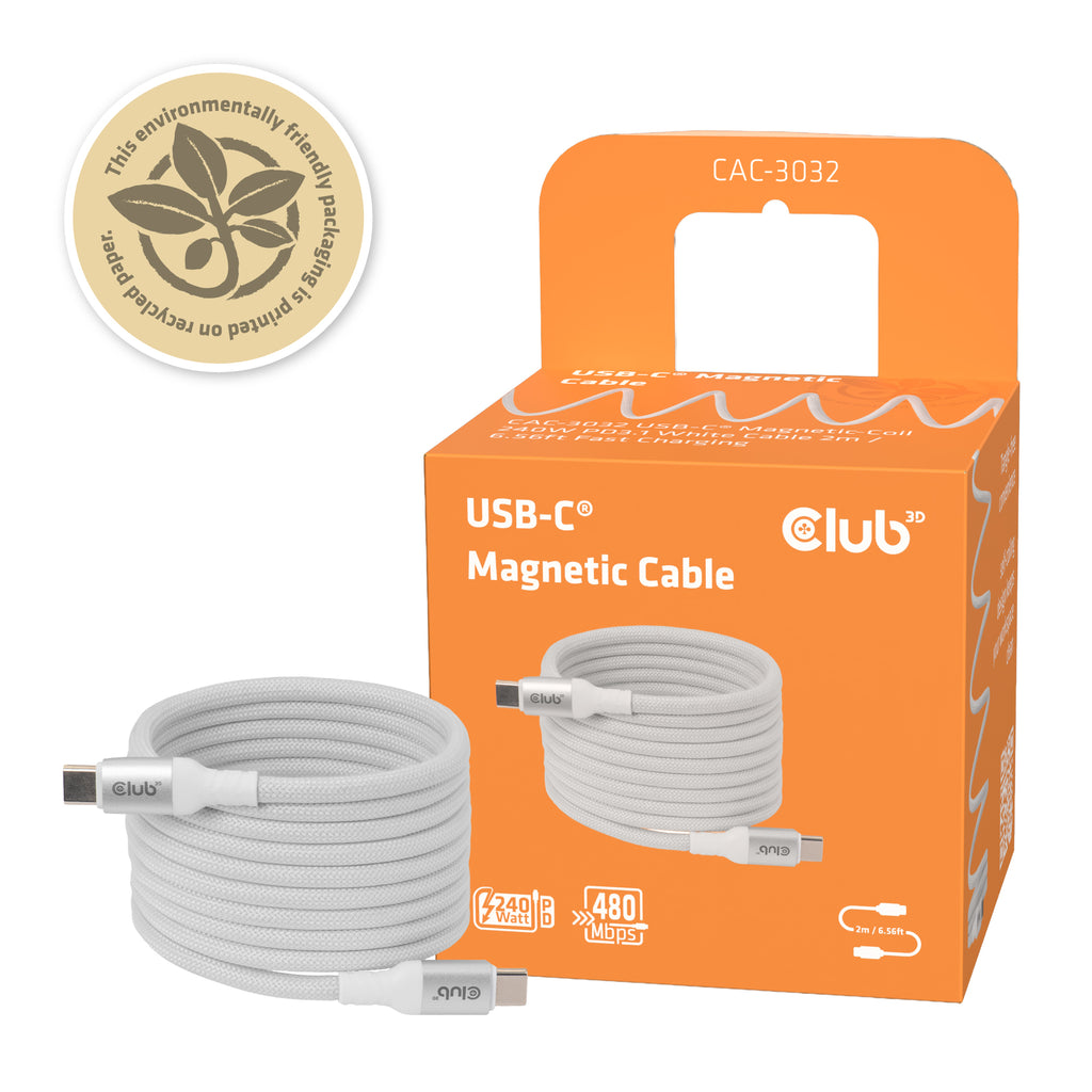 CLUB3D CLUB 3D USB-C Magnetic-Coil Cable White câble USB 2 m USB C 0,48 Gbit/s 240 W Blanc