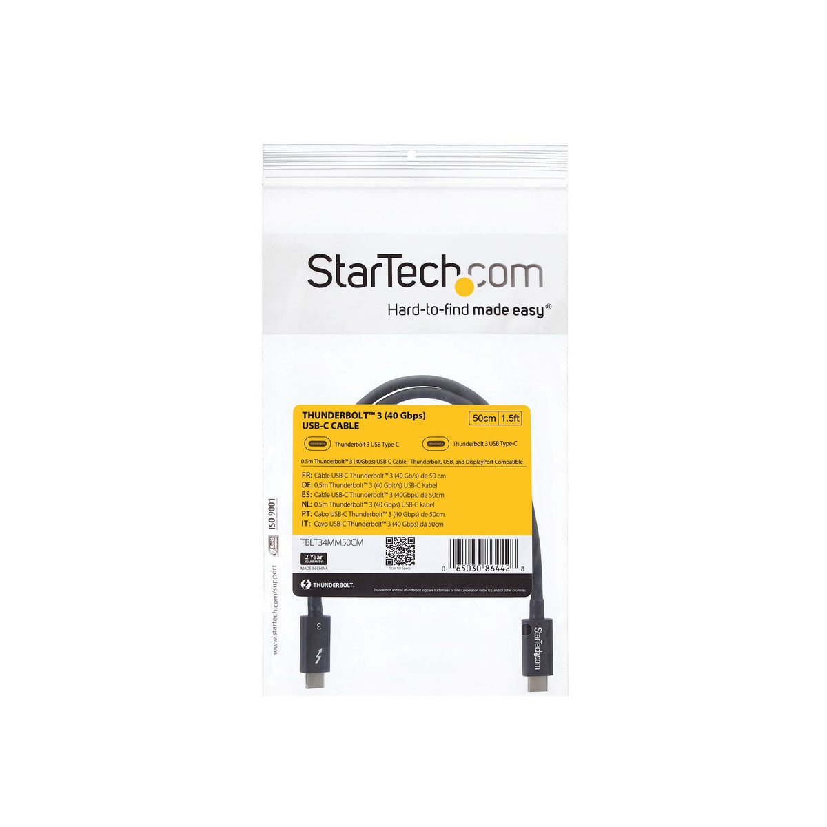 StarTech.com Câble Thunderbolt 3 USB-C 40 Gb/s, 50 cm, Compatible Thunderbolt, USB et DisplayPort, M/M